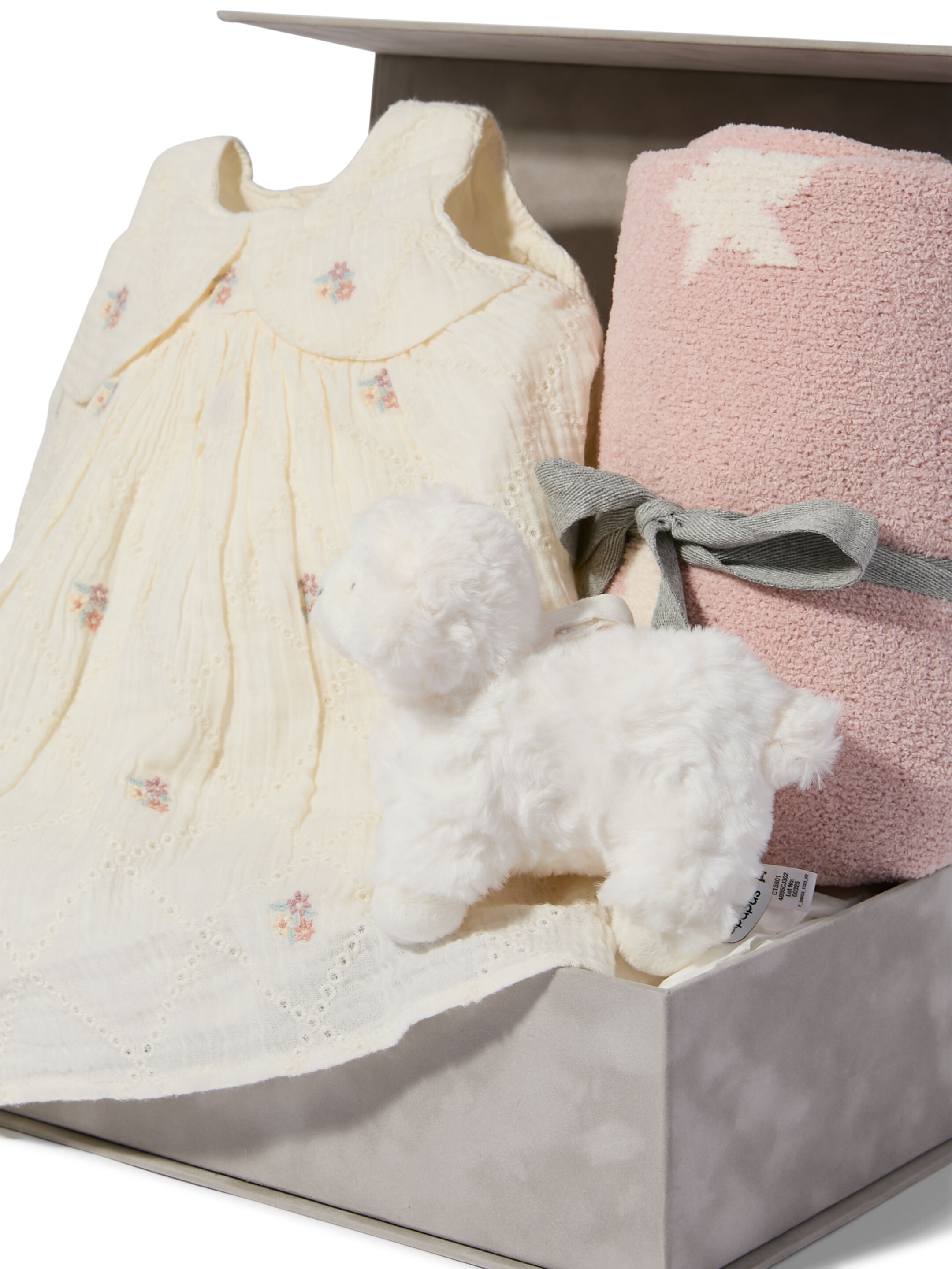 Bow Embroidered Dress - 4 Piece Gift Set with Lamb Chime Toy and Chenille Blanket image number 2